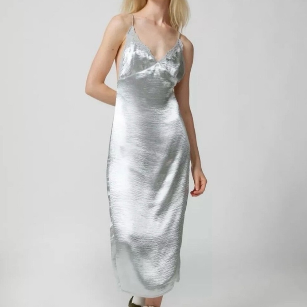 Urban Outfitters “Chloe” Silver Satin Slip Dress